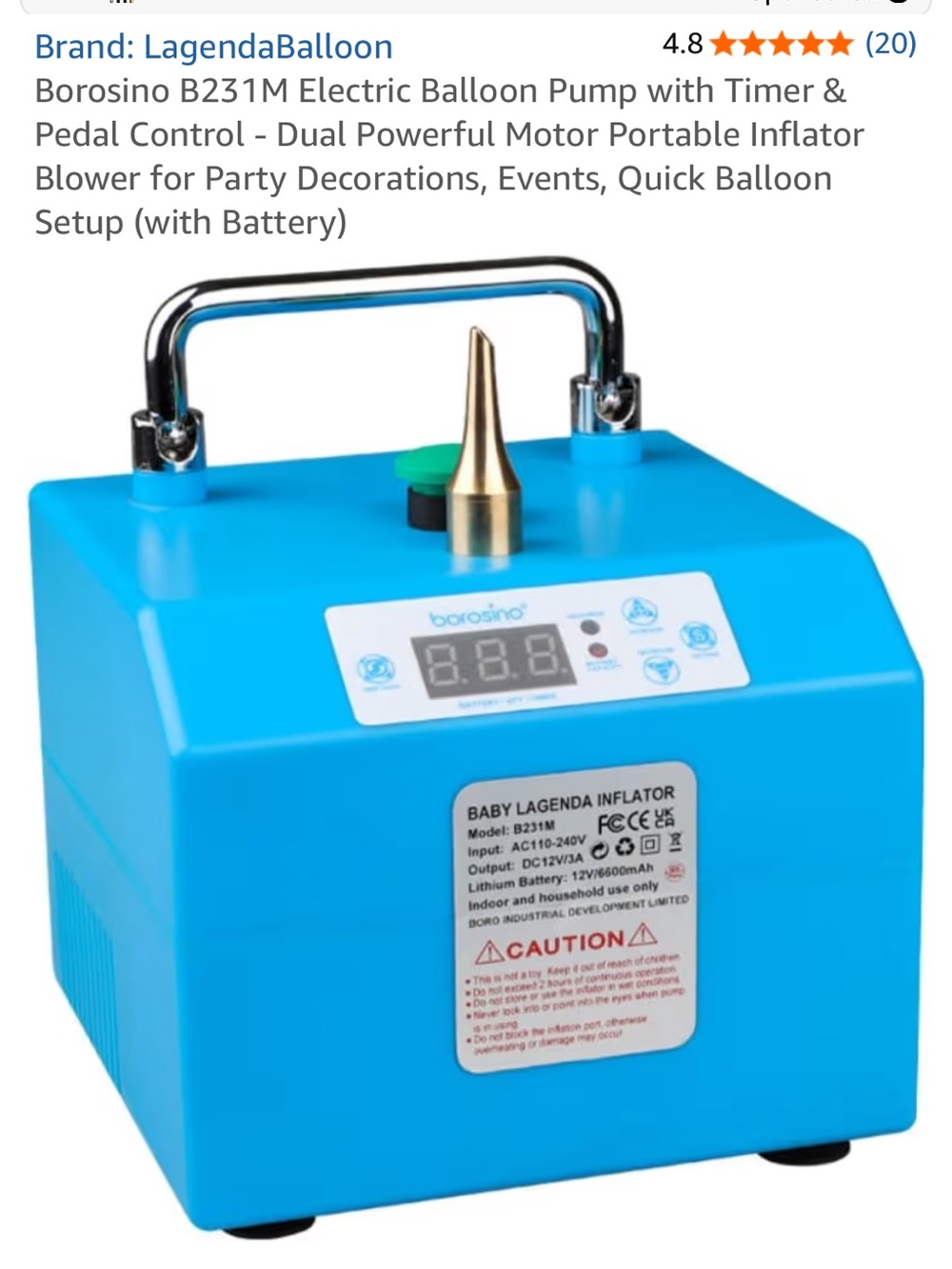 Electric Balloon Inflator Pump - Blue